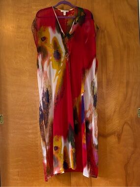 MICHAEL STARS Sheer O/S Red Abstract V-Neck Maxi Dress cover up tunic